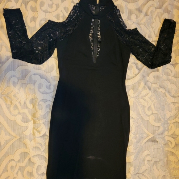 Lace open shoulder black midi dress, size 10 - Picture 1 of 5